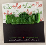 Green 'NourishU' pin with decorative background featuring illustrations of vegetables and fruits.